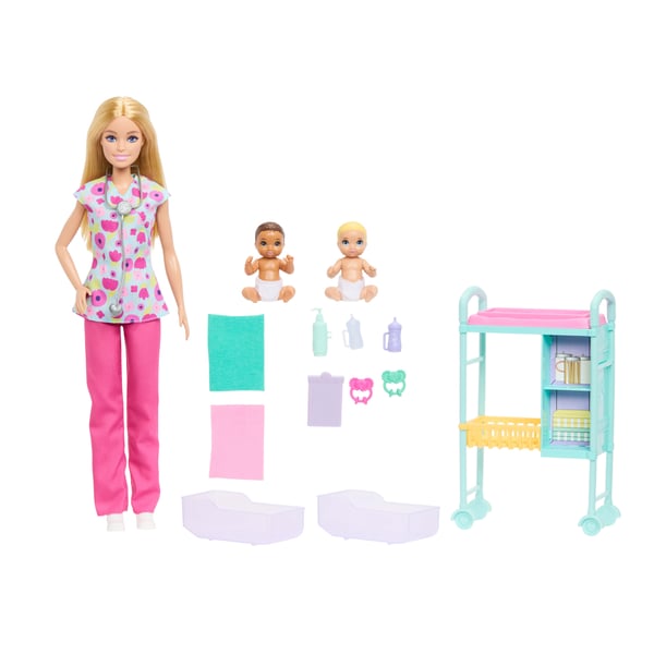 Barbie Careers Baby Doctor -lelupakkaus, jossa vaaleahiuksinen nukke, 2 vauvanukkea, tutkimuspöytä ja tarvikkeita