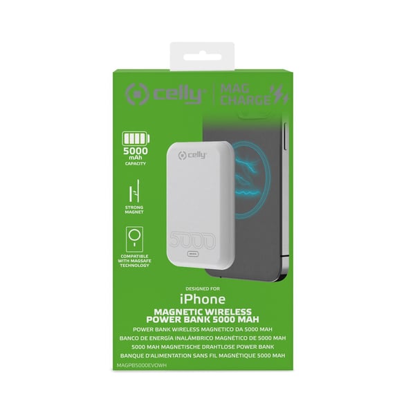 Celly MAGPB5000EVOWH basstationer 5000 mAh Trådlös laddning Vit