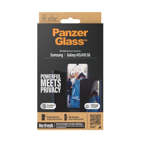 PanzerGlass ® Privacy Screen Protector Samsung Galaxy A15 | A15 5G | Ultra-Wide Fit w. EasyAligner Genomskinligt skärmskydd 1 styck