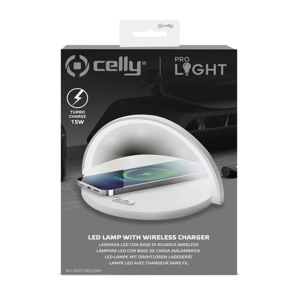 Celly WLLIGHTCIRCLEWH oplader til mobil enhed Digitalt kamera, Spillekontroller, Hovedtelefoner, Mobiltelefon, Strømbank, Smartphone, SmartWatch, Tablet, Ur, Wearables Hvid Vekselstrøm Trådløs opladning Indendørs