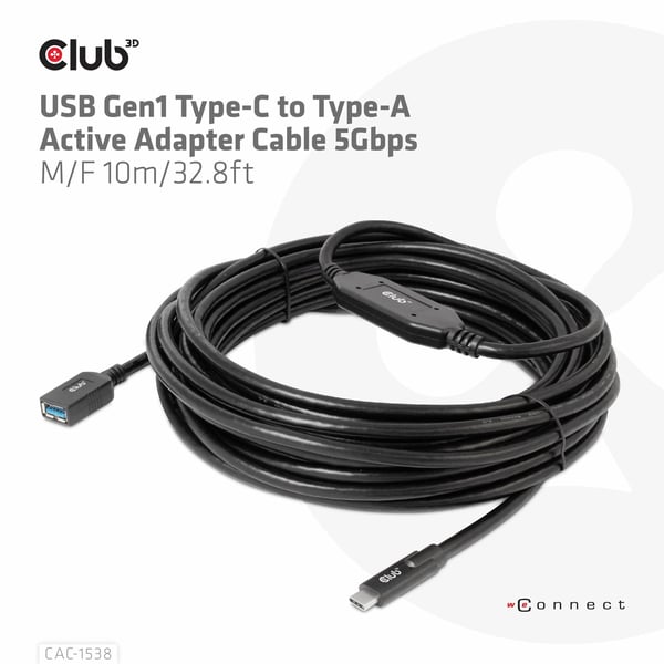 CLUB3D CAC-1538 USB-kablar USB 3.2 Gen 1 (3.1 Gen 1) 10 m USB C USB A 5 Gbit/s Svart