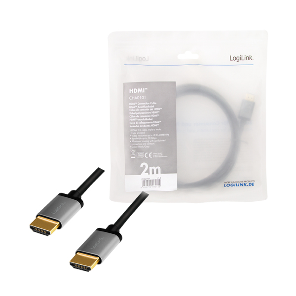 LogiLink CHA0101 HDMI-kabel 2 m HDMI Typ A (standard) Svart, Grå
