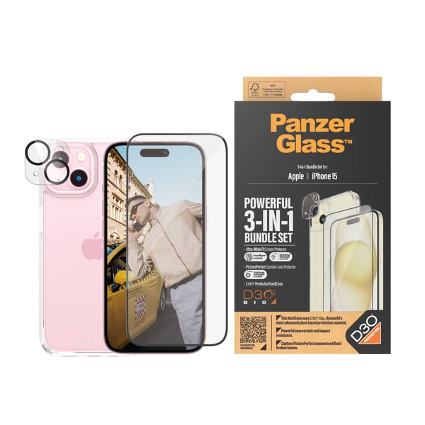 PanzerGlass ® 3-in-1 Bundle iPhone 15 Genomskinligt skärmskydd Apple 1 styck