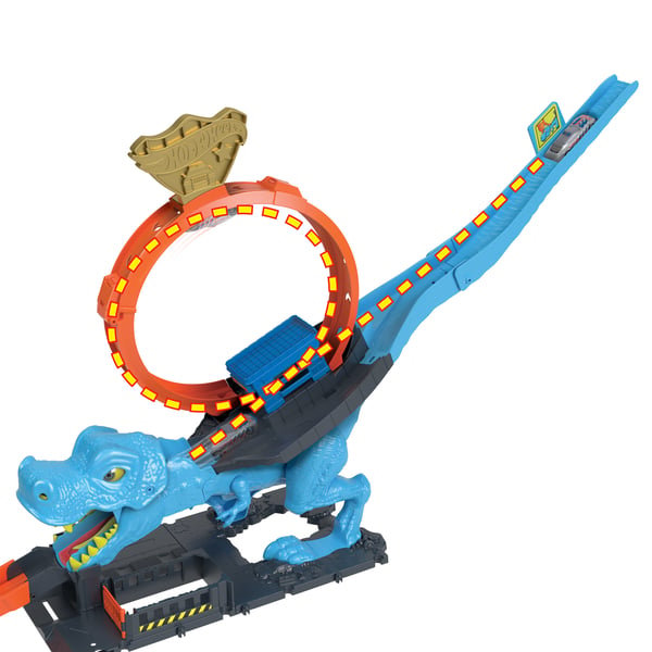 Hot Wheels City -banset med 1 leksaksbil, lekset med T-Rex-loop och stunttrick