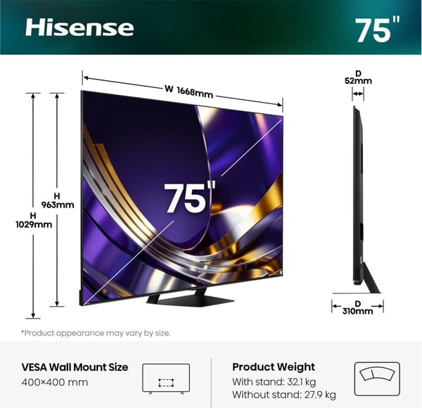Hisense 75U7DS PRO 190,5 cm (75") 4K Ultra HD Smart-TV Wi-Fi Svart