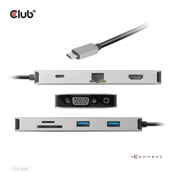CLUB3D CSV-1594 kannettavien tietokoneiden telakka ja porttitoistin USB 3.2 Gen 1 (3.1 Gen 1) Type-C Musta, Harmaa