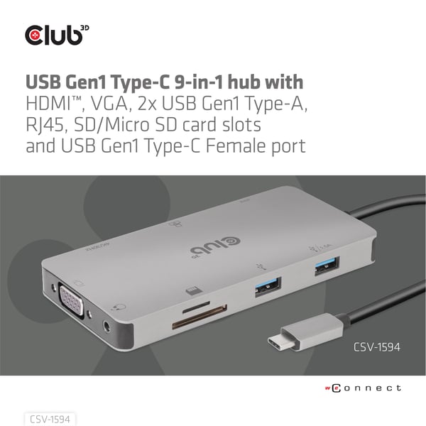 CLUB3D CSV-1594 kannettavien tietokoneiden telakka ja porttitoistin USB 3.2 Gen 1 (3.1 Gen 1) Type-C Musta, Harmaa