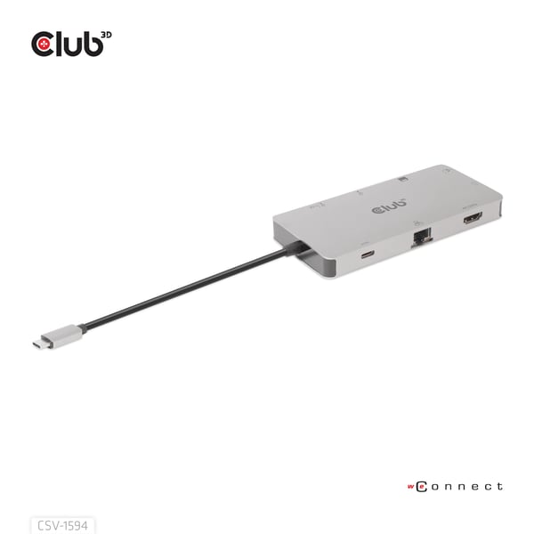 CLUB3D CSV-1594 kannettavien tietokoneiden telakka ja porttitoistin USB 3.2 Gen 1 (3.1 Gen 1) Type-C Musta, Harmaa