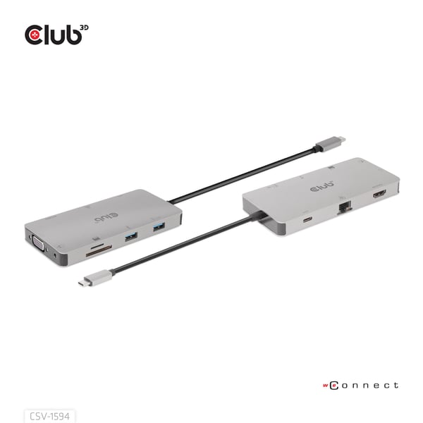 CLUB3D CSV-1594 kannettavien tietokoneiden telakka ja porttitoistin USB 3.2 Gen 1 (3.1 Gen 1) Type-C Musta, Harmaa
