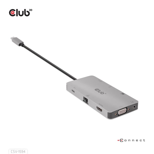 CLUB3D CSV-1594 kannettavien tietokoneiden telakka ja porttitoistin USB 3.2 Gen 1 (3.1 Gen 1) Type-C Musta, Harmaa