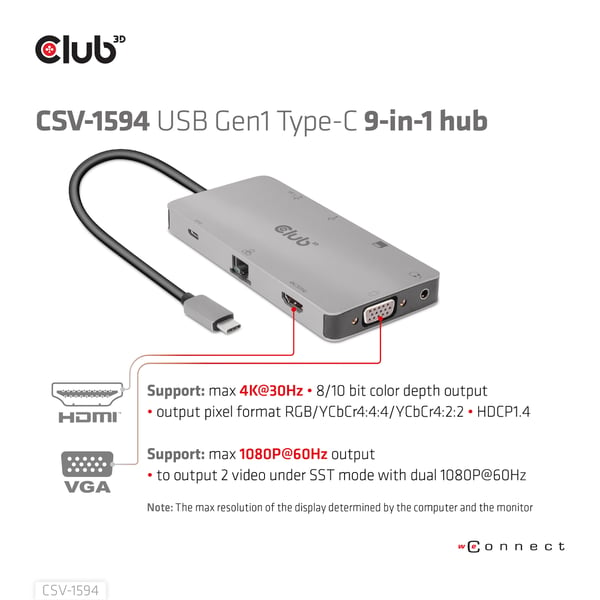 CLUB3D CSV-1594 kannettavien tietokoneiden telakka ja porttitoistin USB 3.2 Gen 1 (3.1 Gen 1) Type-C Musta, Harmaa