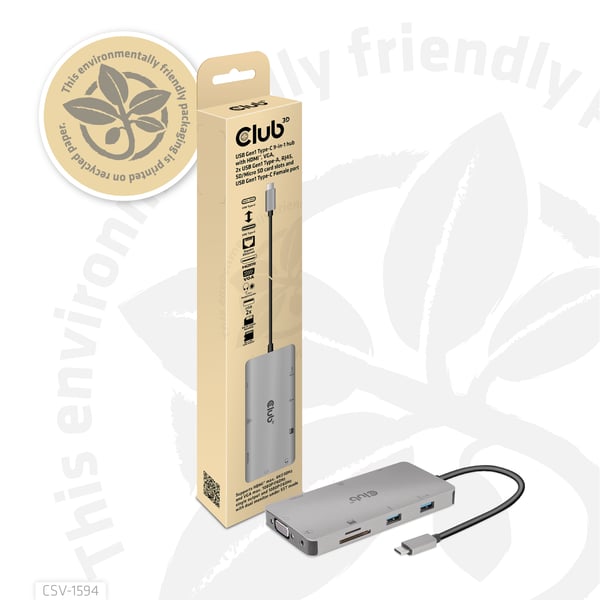 CLUB3D CSV-1594 kannettavien tietokoneiden telakka ja porttitoistin USB 3.2 Gen 1 (3.1 Gen 1) Type-C Musta, Harmaa