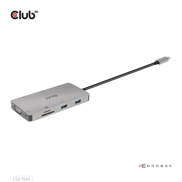 CLUB3D CSV-1594 kannettavien tietokoneiden telakka ja porttitoistin USB 3.2 Gen 1 (3.1 Gen 1) Type-C Musta, Harmaa