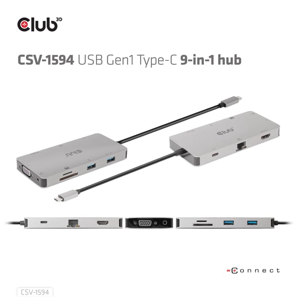 CLUB3D CSV-1594 kannettavien tietokoneiden telakka ja porttitoistin USB 3.2 Gen 1 (3.1 Gen 1) Type-C Musta, Harmaa