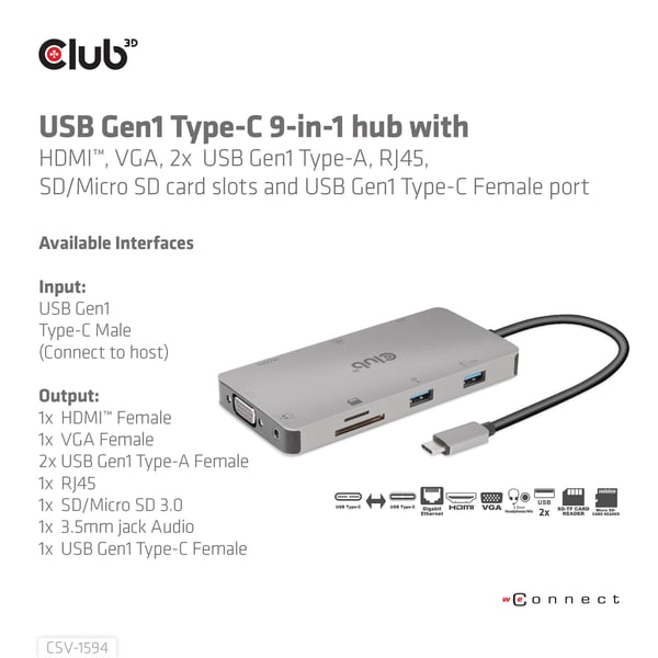 CLUB3D CSV-1594 kannettavien tietokoneiden telakka ja porttitoistin USB 3.2 Gen 1 (3.1 Gen 1) Type-C Musta, Harmaa