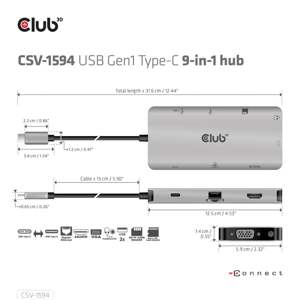 CLUB3D CSV-1594 kannettavien tietokoneiden telakka ja porttitoistin USB 3.2 Gen 1 (3.1 Gen 1) Type-C Musta, Harmaa