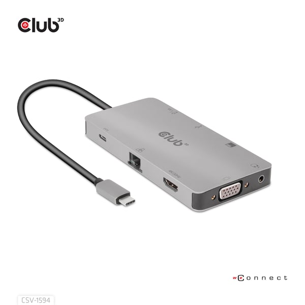 CLUB3D CSV-1594 kannettavien tietokoneiden telakka ja porttitoistin USB 3.2 Gen 1 (3.1 Gen 1) Type-C Musta, Harmaa