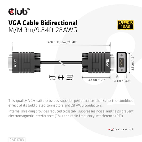CLUB3D CAC-1703 VGA kabel 3 m VGA (D-Sub) Sort