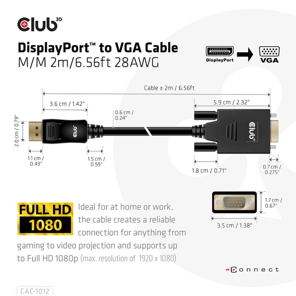CLUB3D CAC-1012 videokabel adapter 2 m DisplayPort VGA (D-Sub) Sort