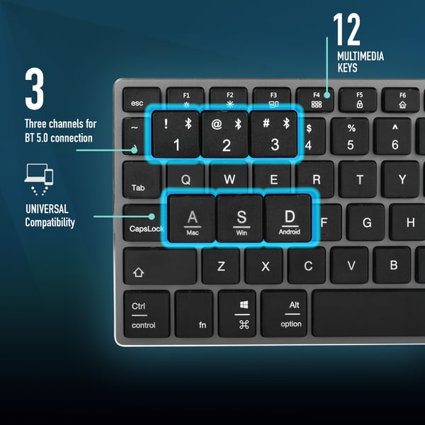 NGS FORTUNE-BT, QWERTY, ES näppäimistö Universaali Bluetooth Espanja Musta, Hopea