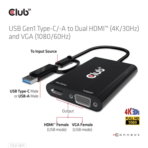 CLUB3D CSV-1611 USB-grafikadapter 3840 x 2160 pixlar Svart