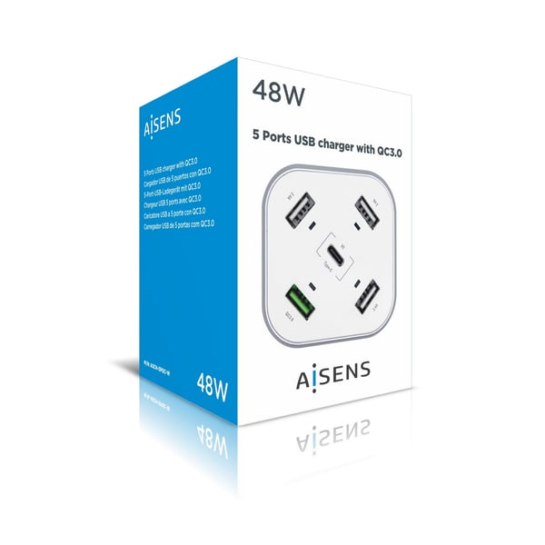 AISENS ASCH-5PQC-W oplader til mobil enhed Universel Hvid Vekselstrøm Hurtig opladning Indendørs