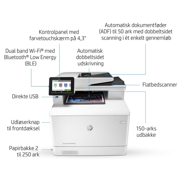HP Color LaserJet Pro MFP M479fdw, Farve, Printer til Udskriv, kopiér, scan, fax, og send e-mail, Scan til e-mail/PDF; Tosidet udskrivning; 50-arks ukrøllet ADF