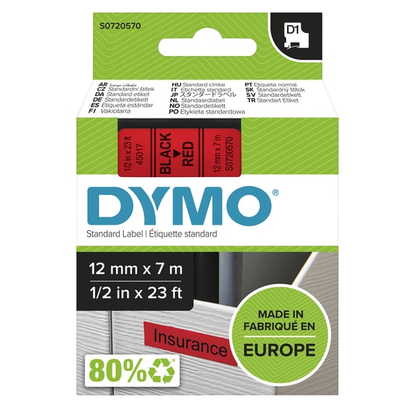 DYMO D1 - vakiopolyesteritarrat - Musta punaisella -12mm x 7m