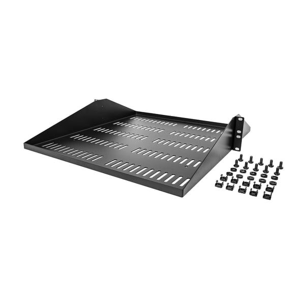 StarTech.com 2U-serverrackhylla, centermonterad, universell, ventilerad och fribärande serverhylla med rackfäste för 19-tums nätverksutrustningsrack, kraftigt stål, 90,7 kg kapacitet, 20-tums djup, svart