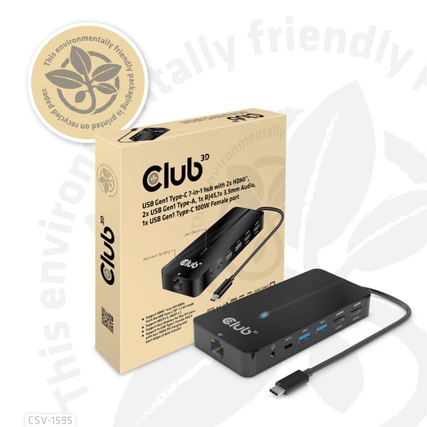 CLUB3D CSV-1595 kannettavien tietokoneiden telakka ja porttitoistin USB 3.2 Gen 1 (3.1 Gen 1) Type-C Musta