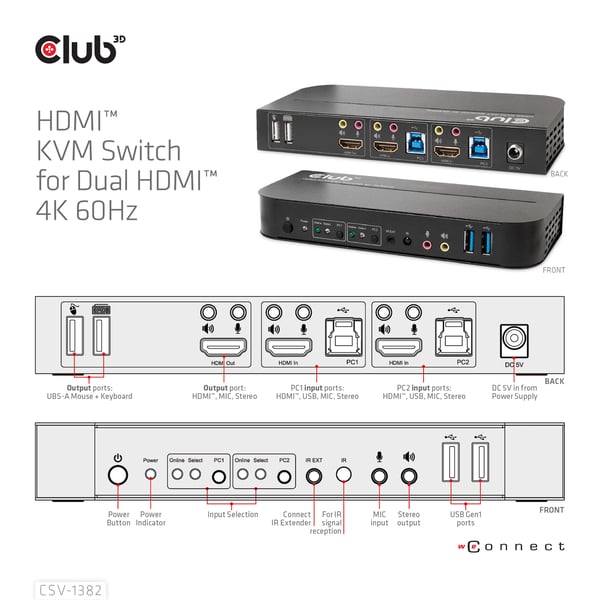 CLUB3D CSV-1382 KVM-kytkin Musta