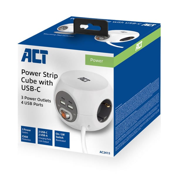 ACT AC2415 stikdåse 1,5 m 3 AC stikkontakt(er) Indendørs Hvid