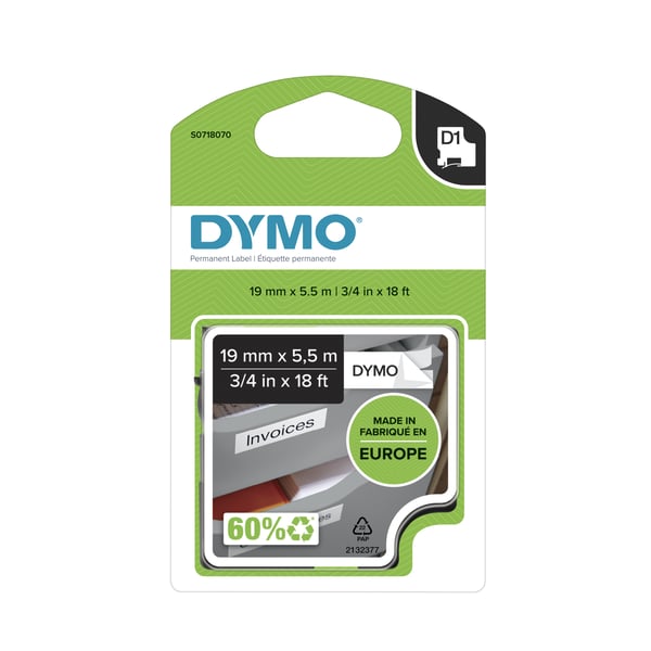 DYMO D1 - vinyylikestotarrat - Mustaa valkoisella -19mm x 5.5m