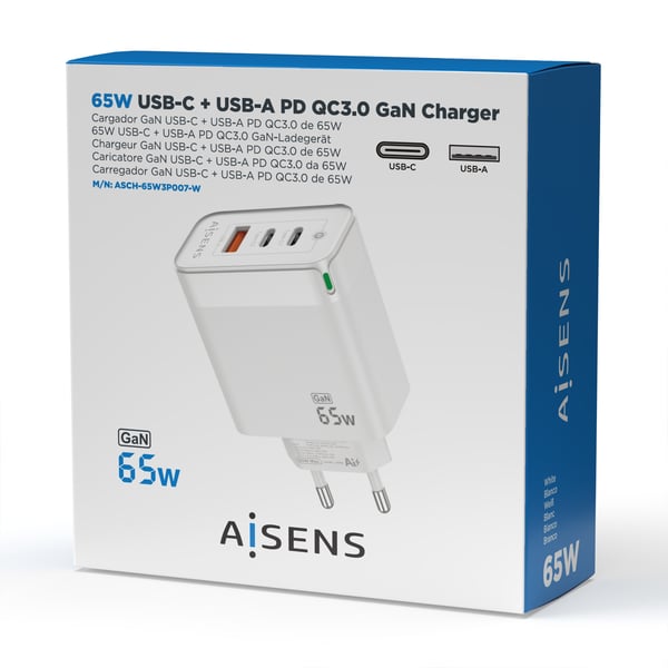 AISENS ASCH-65W3P007-W mobiililaitteen laturi Universaali Valkoinen AC Pikalataus Sisätila