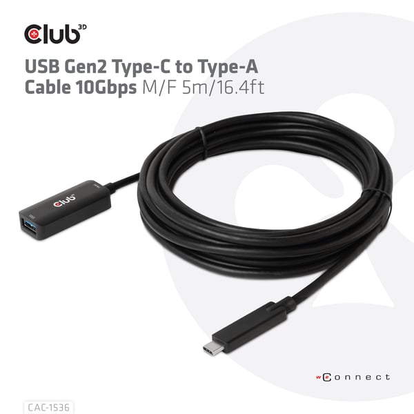 CLUB3D CAC-1536 USB-kabel USB 3.2 Gen 2 (3.1 Gen 2) 5 m USB C USB A 10 Gbit/sek. Sort