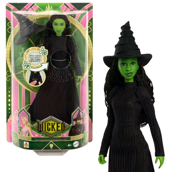 Mattel Wicked Singing Elphaba -nukke, taivuteltava nukke, jolla elokuvasta tuttu riisuttava asu ja tarvikkeita Mattel Wicked Singing Elphaba -nukke, taivuteltava nukke, jolla elokuvasta tuttu riisuttava asu ja tarvikkeita