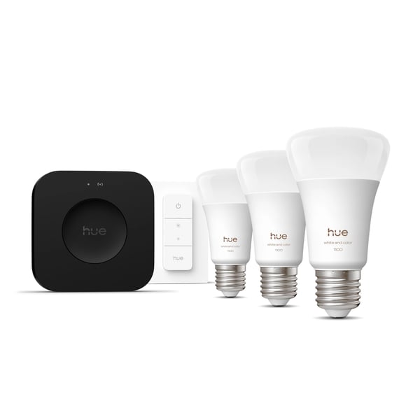 Philips Hue White och Color Ambiance Startpaket: 3 st E27 smarta ljuskällor + Dimmer Switch + Bridge Pro