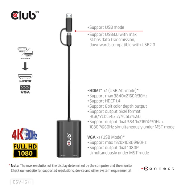 CLUB3D CSV-1611 USB grafisk adapter 3840 x 2160 pixel Sort