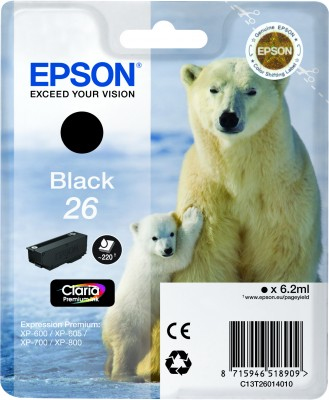 Epson Polar bear Yksittäispakkaus, musta 26 Claria Premium -muste