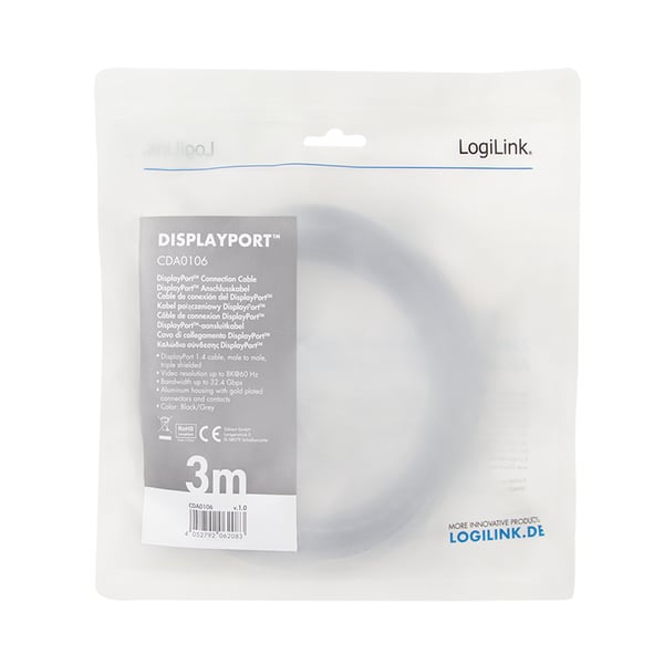 LogiLink CDA0106 DisplayPort-kabel 3 m Svart, Grå