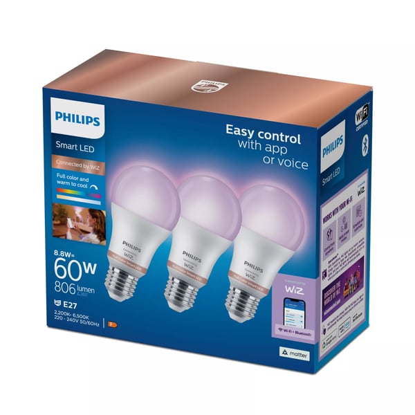 Philips Smart LED RGB A60 pære, E27 fatning, 806lm, 3-pak