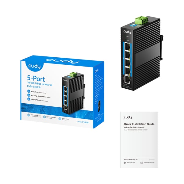 Cudy 5-Port 10/100 Mbps Industrial PoE+ Switch, IF1005P 2.0 Fast Ethernet (10/100) Power over Ethernet -tuki Musta