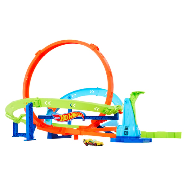 Hot Wheels Action Loop Cyclone Challenge-banset med leksaksbil i skala 1:64, enkel förvaring