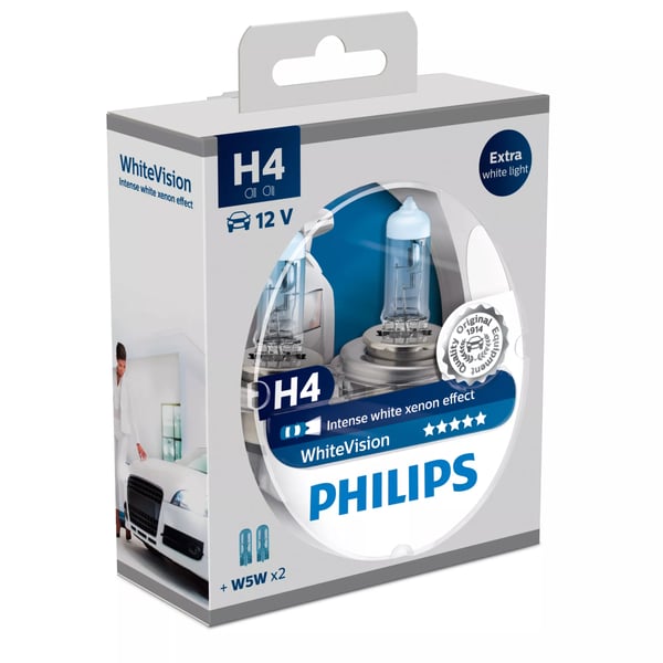 Philips WhiteVision Polttimotyyppi: H4, pakkauskoko: 2 + 2 auton ajovalopolttimoa