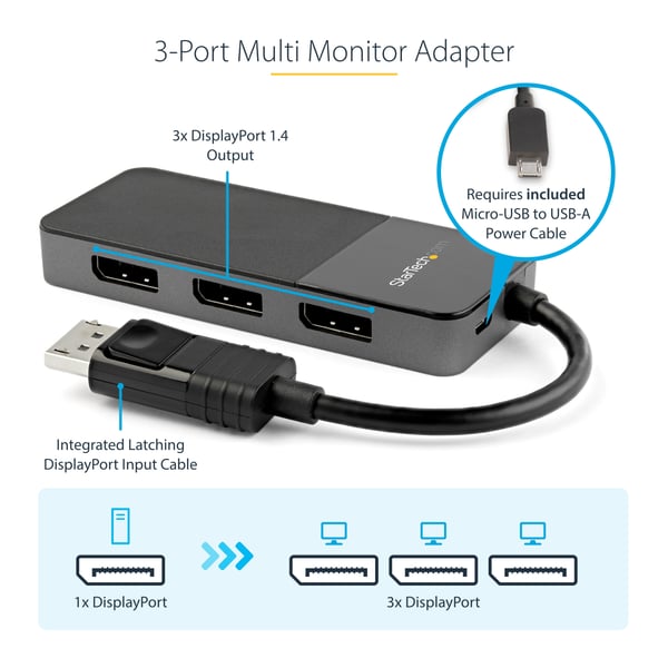 StarTech.com DisplayPort MST Hub (3 porte, 3 x 4k, HDR, EDID, DP 1.4 Multi Monitor Splitter til Windo