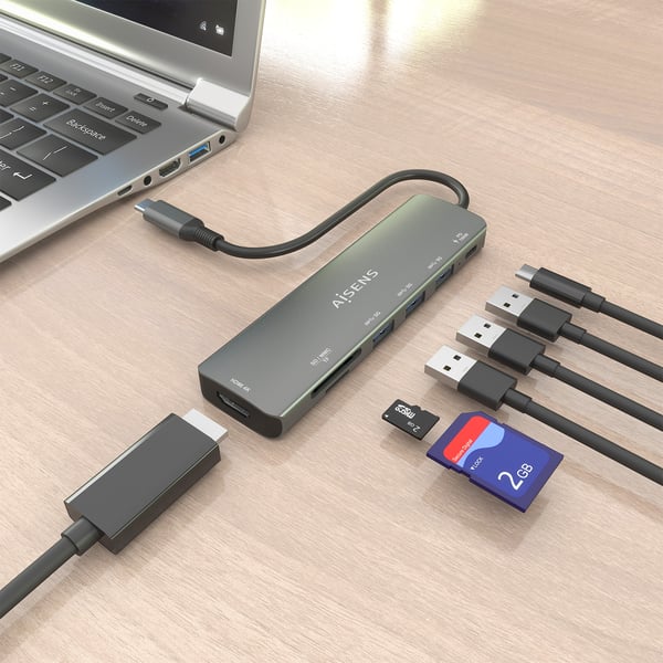 AISENS ASUC-7P025-GR kannettavien tietokoneiden telakka ja porttitoistin Langallinen USB 3.2 Gen 1 (3.1 Gen 1) Type-C Harmaa
