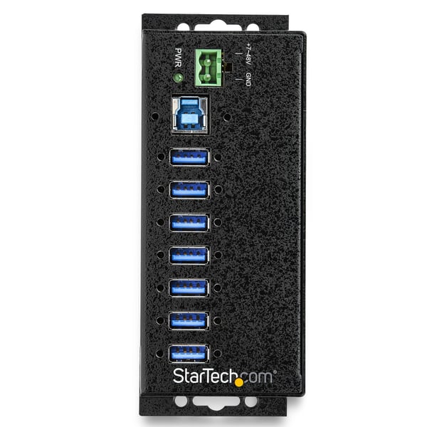 StarTech.com USB 3.0-hubb med 7 portar och nätadapter - Industriell USB-A-hubb i metall med ESD- och 350 W överspänningsskydd - Monterbar på DIN-skena/vägg/skrivbord - Höghastighets USB 3.2 Gen 1 (5Gbps)-hubb
