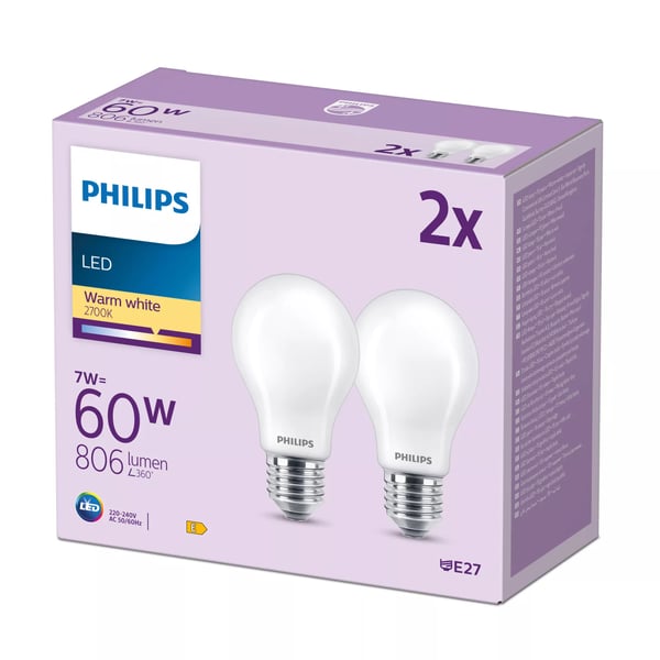 Philips Filament pære, matteret 60 W A60 E27 x 2