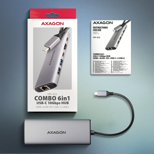 Axagon HMC-6G2L kannettavien tietokoneiden telakka ja porttitoistin Langallinen USB 3.2 Gen 2 (3.1 Gen 2) Type-C Alumiini