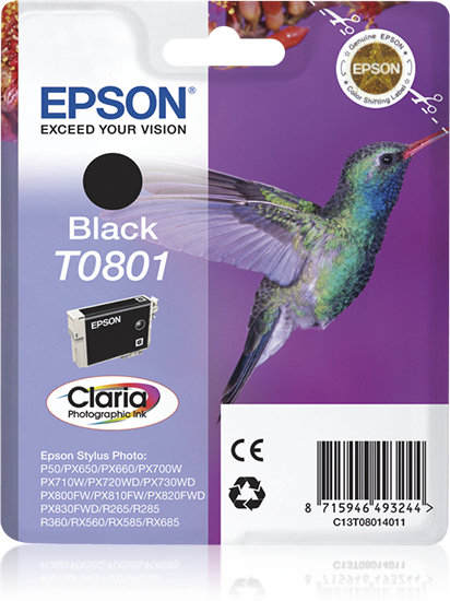 Epson Hummingbird Yksittäispakkaus, musta T0801 Claria Photographic -muste